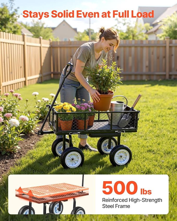 VEVOR 500 LBS Steel Garden Cart with Work Seat, Heavy Duty Garden Wagon Cart on Wheels, Outdoor Metal Utility Yard Wagon Gardening Stool with 10inch Flat Free Tires, Tool Tray & Adjustable Handle