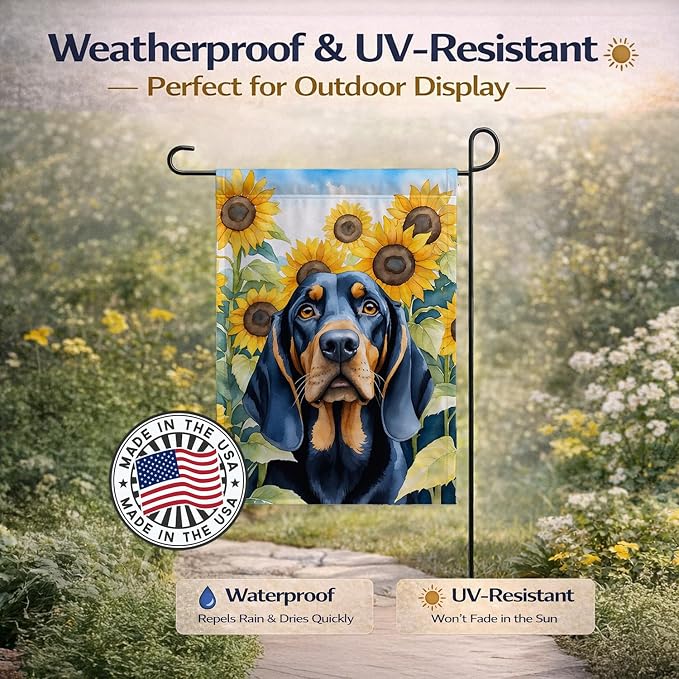 Caroline's Treasures DAC6028GF Black and Tan Coonhound in Sunflowers Garden Flag Mailbox Flag Decorative Yard Flag Banner Outside Patio Artwork Yard Flower Beds, Garden Size, Multicolor