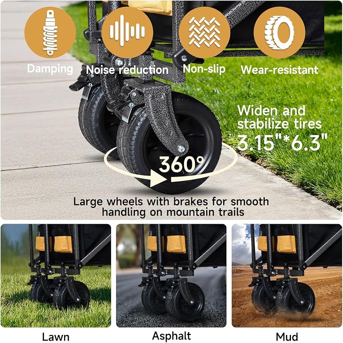 56" Large Collapsible Folding Wagon with Tailgate and Brake, 600LBS Heavy Duty Utility Cart, 250L Large All-Terrain Beach Wagon for Camping Garden Shopping Grocery Sports