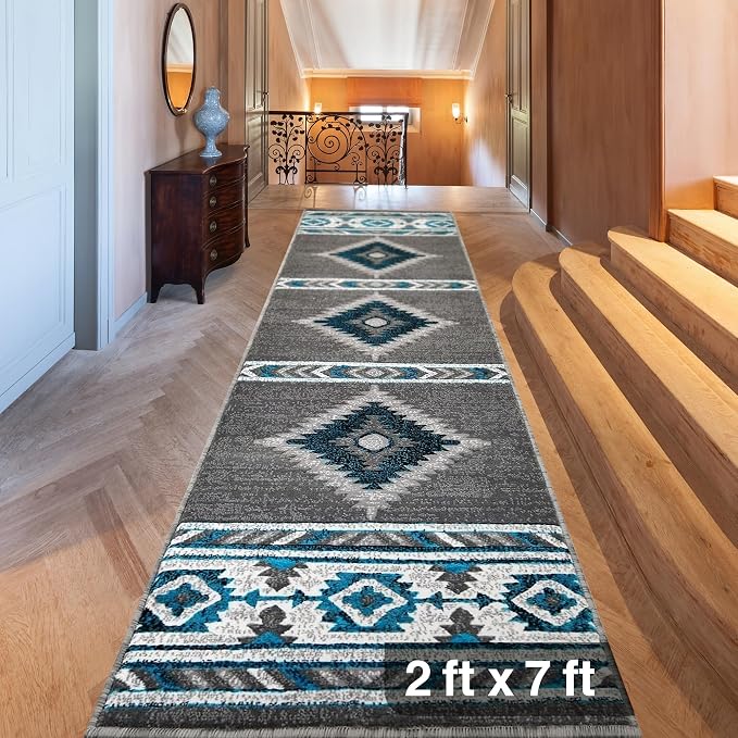 YHSF Southwestern Area Rug - Anti Static & Washable - Graphite, 2 ft x 7 ft | Soft Native American Tribal Floor Rugs for Living Room, Bedroom, Hallways, and More - Easy-to-Clean Home Decors