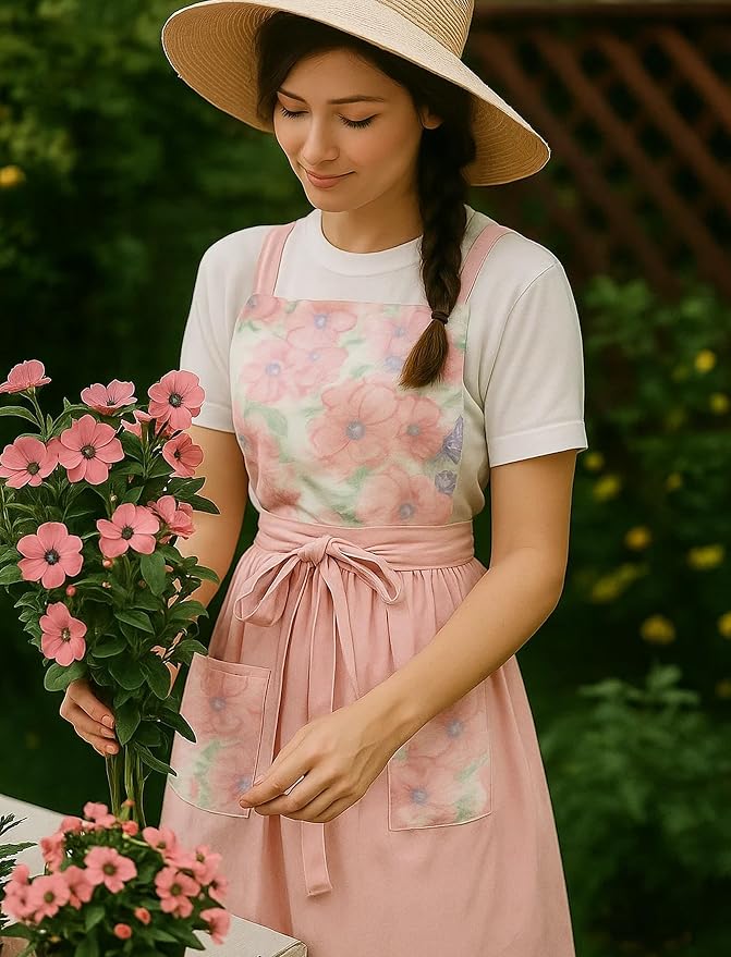 Pinknoke Vintage Pinafore Apron Dress for Women with Pockets Cute Floral Chef Aprons for Kitchen Cooking Baking Gardening