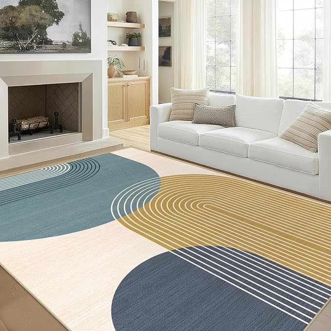 Large Area Rug 5x7 Boho Rug Living Room Bohemian Rugs Machine Washable Modern Geometric Rug Non Slip Printed Low Pile Indoor Floor Carpet for Dining Room Bedroom Office,Blue