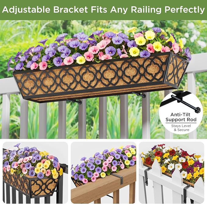 Y&M 4-Pack 30 Inch Railing Planter Boxes 24 Inch 2 Pack, Hanging Balcony Planter, Adjustable Deck Railing Planter Box, Metal Window Boxes Outdoor for Fence, Porch Flower Pots Holder