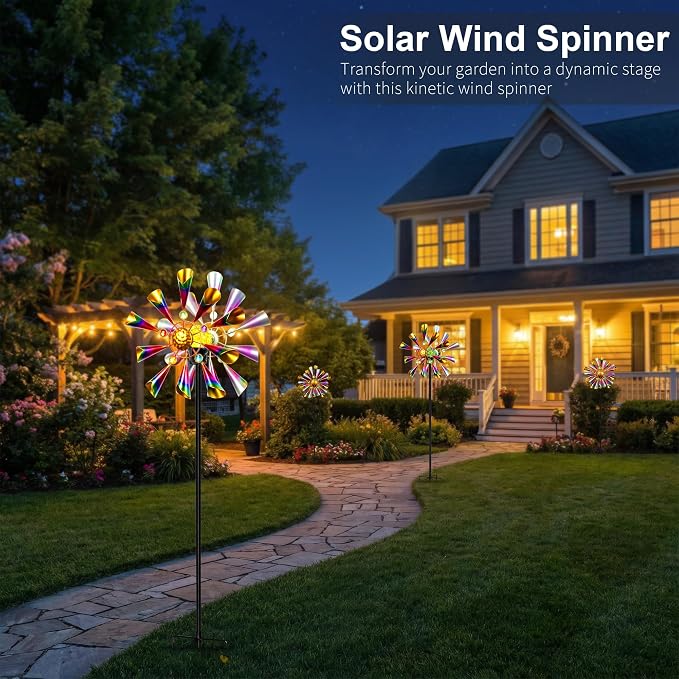 Solar Wind Spinner Outdoor Metal Garden Decor with Color LED Glass Ball | Kinetic Metal Wind Spinner Creates Colorful Yard Art With A Glowing Crackle Glass Ball For Garden, Patio, Lawn And Pathway