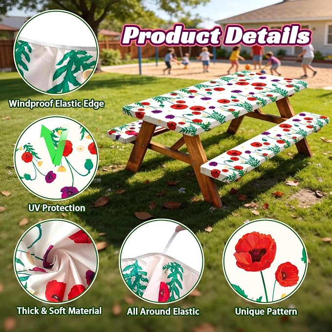 NUOLAN 6FT Picnic Table Cover with Bench Covers, Corn Poppy Print Windproof Waterproof Fitted Picnic Table with Elastic for Picnic, Camping, Outdoor