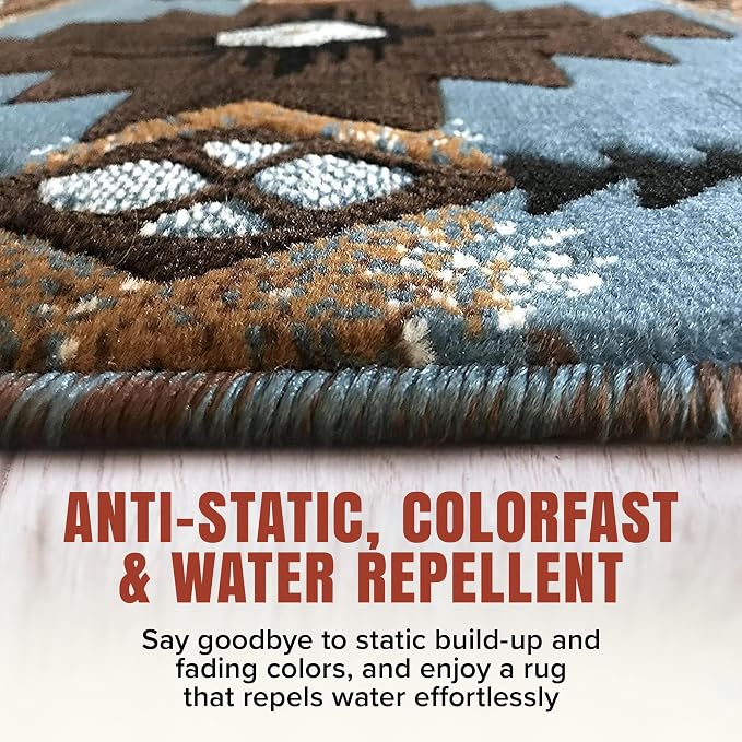 YHSF Southwest Native American Area Rug – Thick, Soft, Durable & Easy to Maintenance Tribal Design Boho Rug– Ideal for Bedroom, Living Room & Hallway - Blue-Brown, 2 Feet 4 Inches x 10 Feet 11 Inches