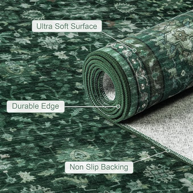 Round Area Rug for Living Room: 8ft Boho Washable Rug Deep Green | Vintage Boho Soft Round Rug Indoor Floor No Slip Carpet Stain Resistant Rugs for Bedroom Dining Room Nursery Home Office