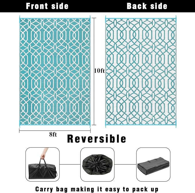 HEBE Outdoor Rug Waterproof 8x10, Plastic Straw Rug Camping Rug, Reversible Outdoor Patio Rugs RV Mat Clearance, Indoor Outside Floor Carpet for Porch,Deck,Camper,Balcony,Backyard