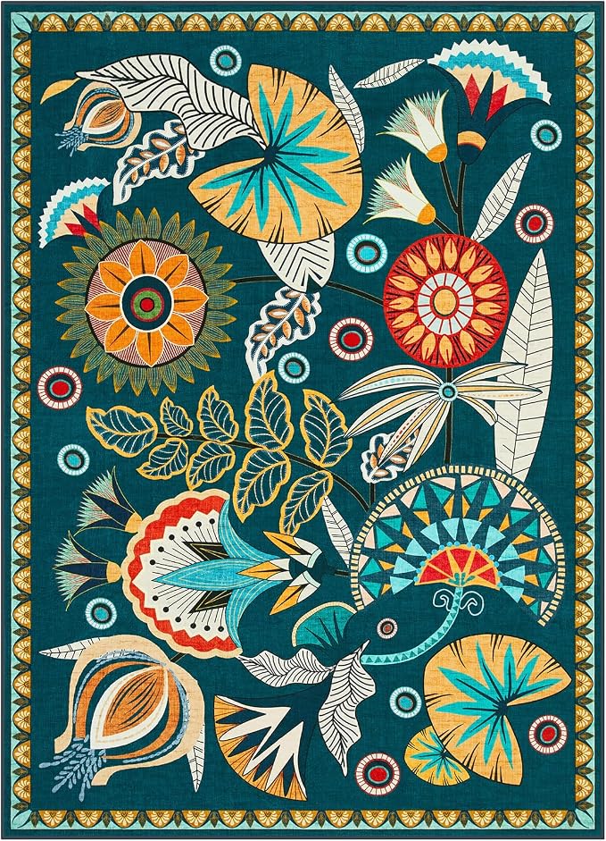 Joydeco Egypt Floral Boho 6x9 Rug for Living Room, Dark Green Washable Bedroom Dining Room Rugs for Under Table, Non Slip Vintage Indoor Throw Carpet for Playroom Nursery Dorm Classroom, Dark Green