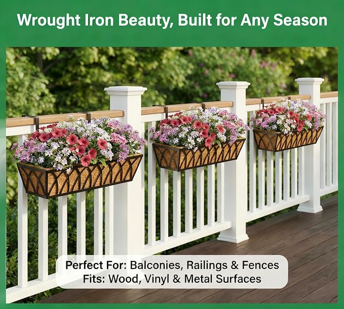 Y&M 4 Pcs 30'' Deck Railing Planters Outdoor Balcony, Large Metal Window Box Deck Railing Planter with Coco Liner for Outdoor Balcony Porch Fence Patio Rail