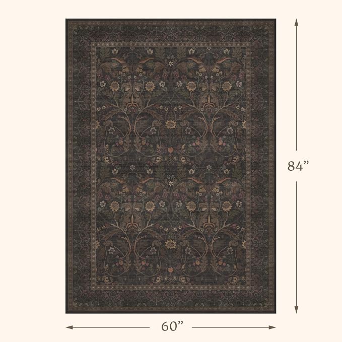 Washable 5x7 Dark Brown Rug for Office Living Room, Low Pile Soft Area Rugs for Bedroom, Traditional Home Décor, Non Slip Floral Woodland Funky Dark Academia Carpet with tan Coffee Accents