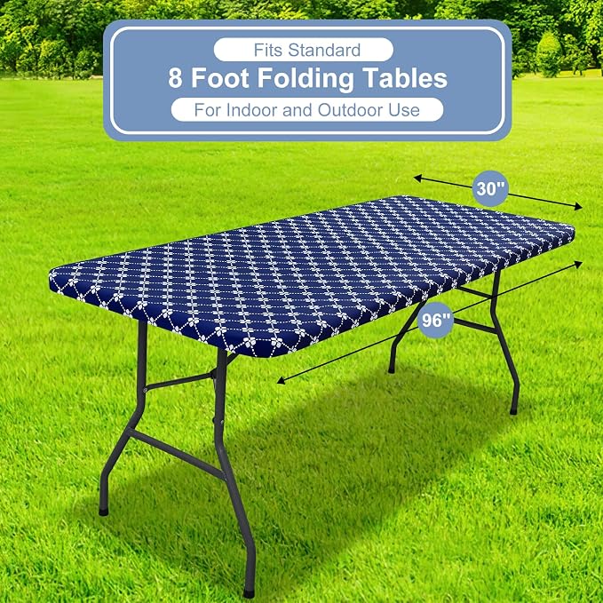 misaya Rectangle Vinyl Table Cloth, Elastic Fitted Tablecloth with Flannel Backing, Waterproof Plastic Table Cover Fits 8 Foot Folding Tables for Picnic, Camping, Indoor and Outdoor (Navy, 30" x 96")