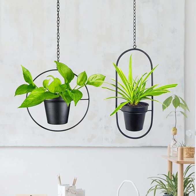 Modern Metal Hanging Planters Set of 2 - Round and Oval Geometric Plant Hangers with 5 Inch Pots - Black Wall and Ceiling Mount Flower Holders for Indoor and Covered Outdoor Décor