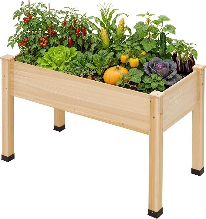 AMERLIFE Raised Garden Bed, 48x30x24 Inches Elevated Wood Planter Box with Bed Liner, Legs, Divider, Drainage Holes, Stand for Backyard, Patio, 330 Lb Capacity - Light Wood
