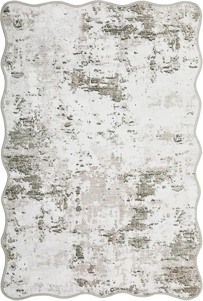 ROYHOME Modern Scalloped Abstract 2x3 Area Rug Non Slip, Taupe | Non Shedding Low Pile Stain Resistant Rug for Entryway Kitchen Bedroom