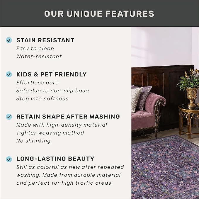Plum Purple Floral Area Rug 6x9 for Dining Room, Living Room, Bedroom | Machine Washable, Non-Slip, Stain Resistant, Low Pile, Soft