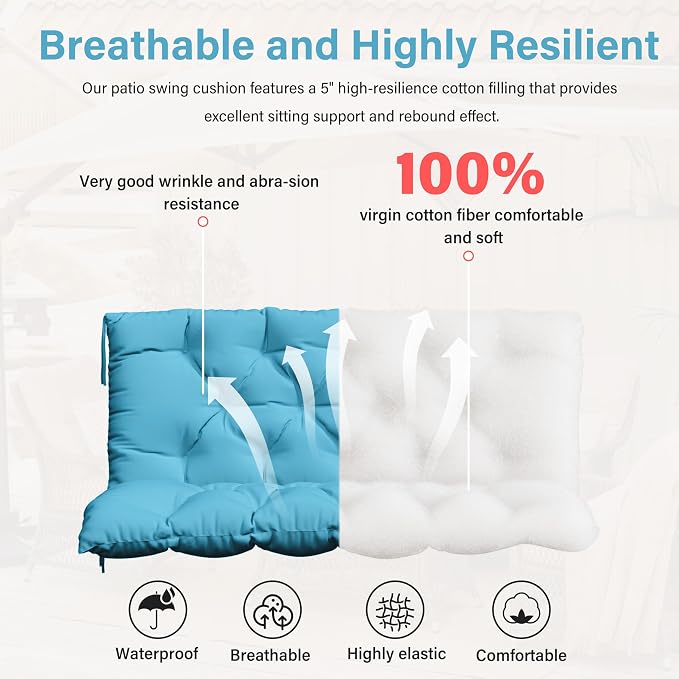 Porch Swing Cushion with Backrest,Waterproof Bench Cushion for Outdoor Furniture,2-3 Seater Replacement Thickened 5 in swing cushion,with Ties,Patio,Outdoor,Backyard and Garden (Lake Blue,47x40 in)