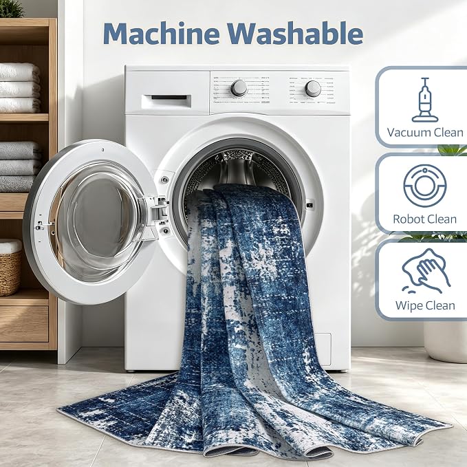9x12 Washable Area Rug Modern Abstract for Living Room Bedroom Deep Blue | Soft Indoor Carpet,Anti-skid Backing,Water Repellent,Non-shedding, Suitable for bedroom dining farmhouse nursery home office