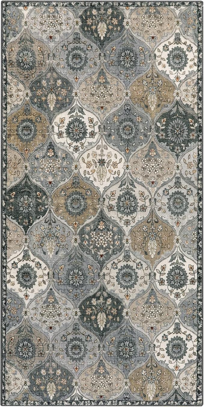 Lahome Moroccan Trellis Small Area Rug, 2x4 Rugs for Entryway Non-Slip Vintage Ultra-Thin Washable Indoor Door Mat Distressed Throw Carpet for Bathroom Kitchen Bedroom Elise, Grey