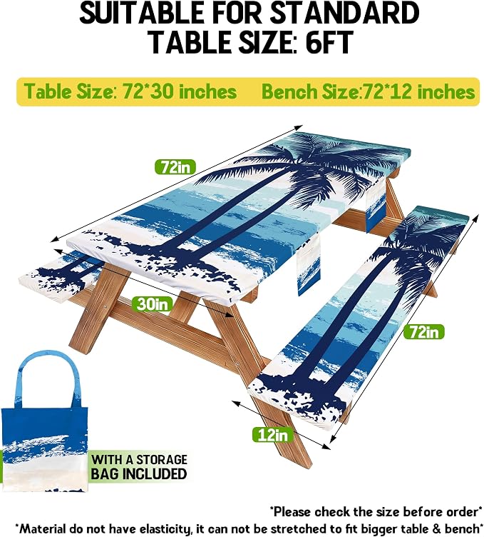 Picnic Table Cover with Bench Covers Waterproof Fitted Table Cloth Tablecover Camp Camper Camping Essentials Outdoor Summer Beach River Water Motorhome Trailer Road Trip Tent Rv Car Travel Activities