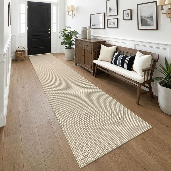 KOZYFLY Cotton 2.5'x14' Runners Rugs for Hallway, Long Washable Runner Rug, Woven Non Slip Kitchen Runner, Flatweave Entryway Rug, Floor Carpet for Entry, Aisle, Hall, Ivory/Camel/Brown