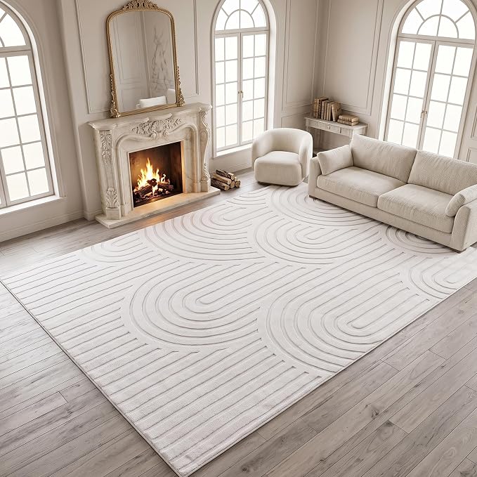 Washable 9x12 Area Rug, High Low Pile Cream Neutral Arch Textured Large Soft Carpet, Non-Slip Stain Resistant Rug for Living Room Bedroom Dining Room, Under Table Rug