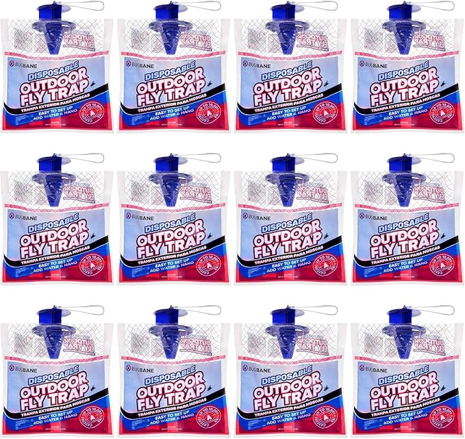 Fly Traps Outdoor Fly Trap for Patio. 12 Non-Toxic Pre-Baited Flies Bags Outdoor Disposable. Hanging Bug Catchers for All Filth Flies Killer for Outside Bug Control in Yard Horse Ranch Trash Can