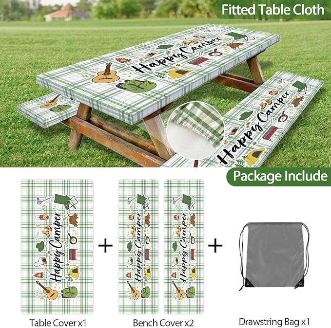 NYMB Picnic Table Cover with Bench Covers, Happy Camper Farm Plaid Fitted Table Cover, Outdoor Patio Camping Essentials, Waterproof Camping Fitted Tablecloth with Drawstring Bag, 30x60in (Green)