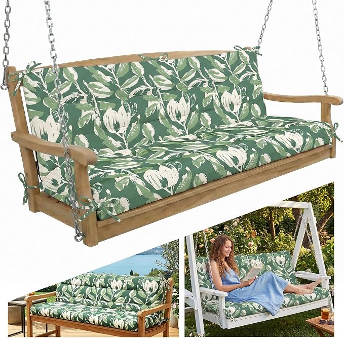 Outdoor Swing Cushion with Backrest, Tie Straps & Memory Foam - Replacement for Porch Bench 2/3 Seater, Oxford Fabric (Tulip Green, 60 INCH × 40 INCH)