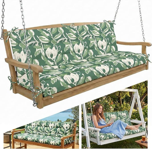 Outdoor Swing Cushion with Backrest, Tie Straps & Memory Foam - Replacement for Porch Bench 2/3 Seater, Oxford Fabric (Tulip Green, 60 INCH × 40 INCH)