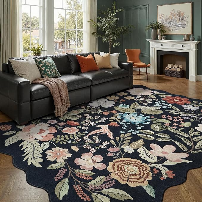 DCX Vintage Floral Washable Area Rug 8x10, Non Slip Low Pile Rug, Black | Rugs for bedroom, living room, dining room, office, soft, kid & pet friendly, sain resistant indoor carpet, home decor