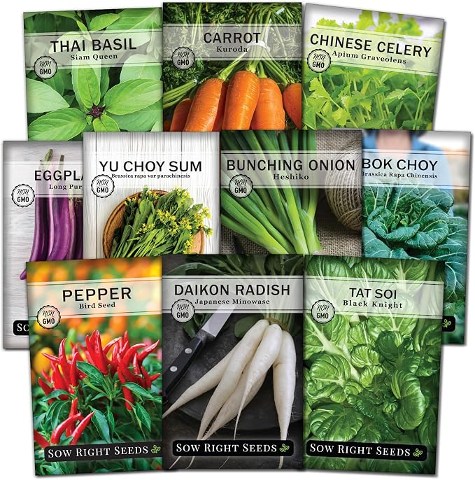 Sow Right Seeds - Asian Garden Seeds for Planting - Includes Basil, Celery, Bunching Onion, Yu Choy Sum, Eggplant, Pepper, Bok Choy, Tat SOI, Radish and Carrot - Non-GMO Heirloom Varieties