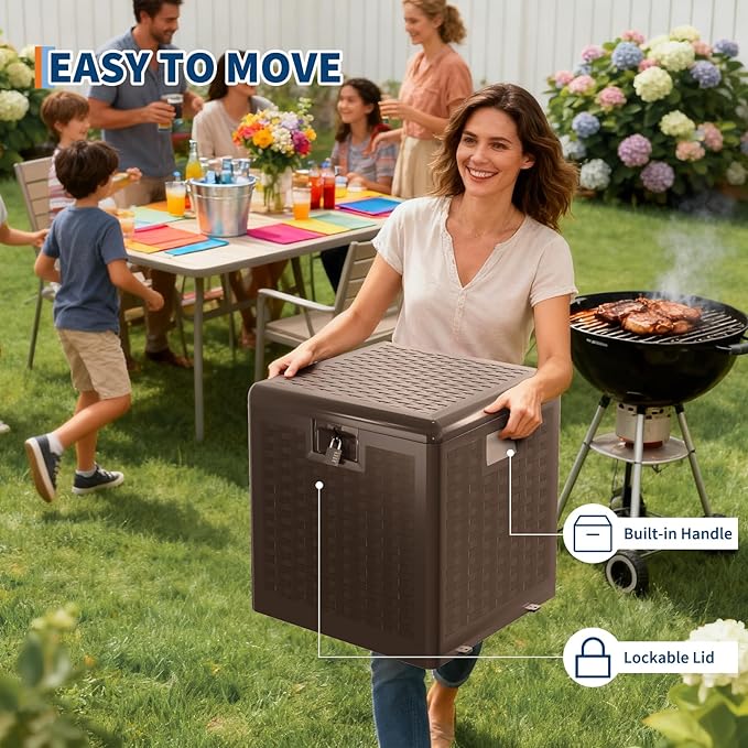 IDEALHOUSE 28 Gallon Resin Deck Box, Waterproof Outdoor Storage Box with Lockable Lid & UV Resistant, Patio Furniture Cushion Storage Container for Garden, Backyard, Poolside (Brown)
