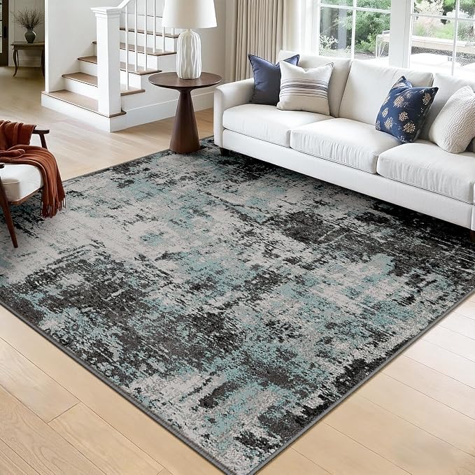 RELEANY Washable Square 8'x8' Area Rug for Living Room Teal Black | Carpet for Bedroom, Kitchen, Office, Hallway and Entryway, Printed Pattern, Non‑Slip, Soft, Stain‑Resistant, Easy to Clean