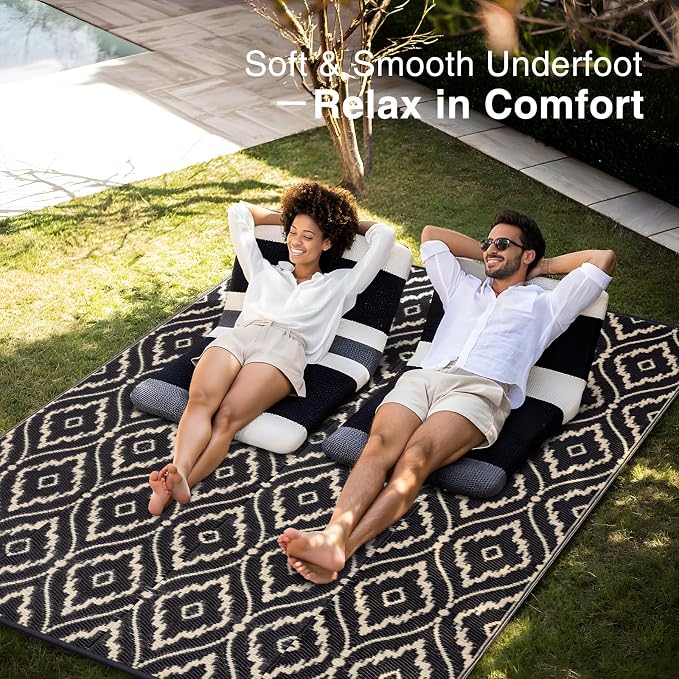 OLANLY Outdoor Rug 8x10 ft Waterproof, Outdoor Plastic Straw Rug with Geometric Pattern Clearance, Reversible RV Mat for Patio, Camping, Balcony, Deck, Backyard, Black & Beige