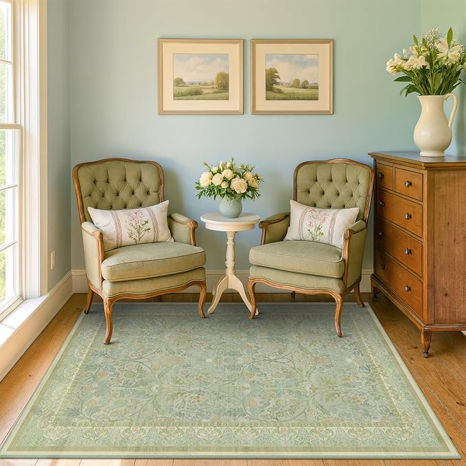 4x6 Cottagecore Living Room Area Rug, Machine Washable Floral Large Door Mats Indoor Entrance, Non Skid & Low Pile Soft Rugs for Kitchen, Reading Corner, Bedroom, Calm Corner (Sage Green)