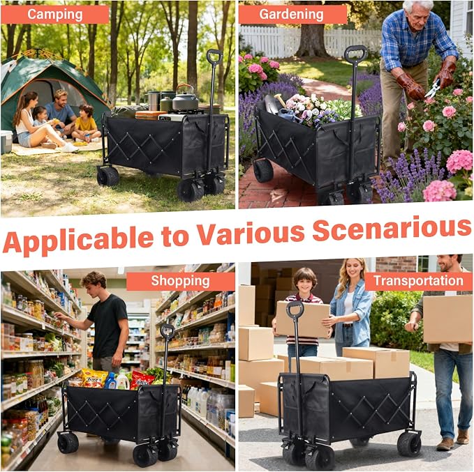 Collapsible Wagon Cart with All-Terrain Wheels - Folding Utility 600LBS Heavy Duty Wagons Carts for Grocery Sports Garden Shopping Camping Fishing (Black, 220L)
