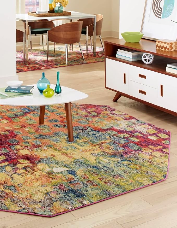 Unique Loom Jardin Collection Colorful, Vibrant, Abstract, Modern Area Rug (5' 0 x 5' 0 Octagon, Multi/Blue)