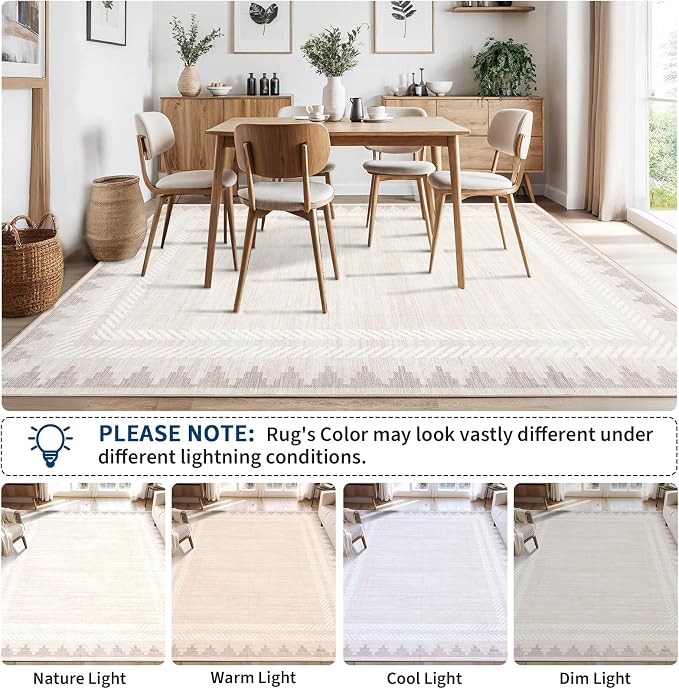 GarveeHome Washable Area Rug 8x10 Modern Neutral Living Room Rug Cream Non Slip,Border Geometric Carpet for Bedroom,Soft Non Shedding Solid Rugs Low Pile Carpet for Farmhouse Dining Room Office