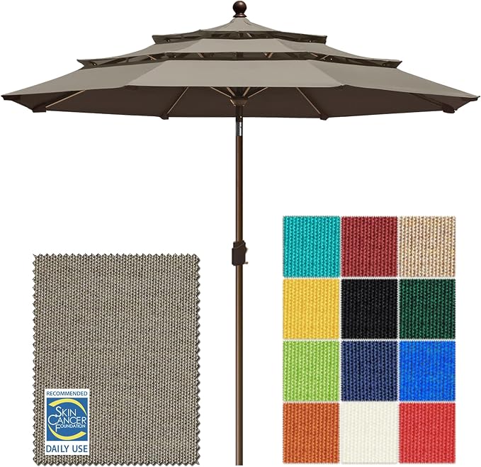 EliteShade USA 10-Year-Non-Fading 10ft 3-Tier Market Patio Umbrella, Commercial Grade Outdoor Table Umbrella with Crank Open, Windproof & UPF 50+ UV Protection, Heavy Duty Ventilation for Garden, Deck, Pool, Backyard, Beach & Bistro, Taupe