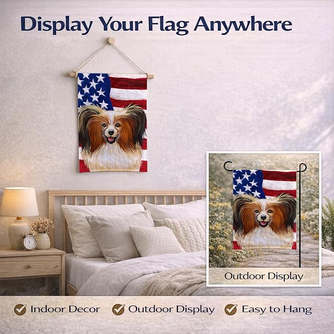 Caroline's Treasures CK6642GF Phalene Dog American Flag Garden Flag Mailbox Flag Decorative Yard Flag Banner Outside Patio Artwork Yard Flower Beds, Garden Size, Multicolor