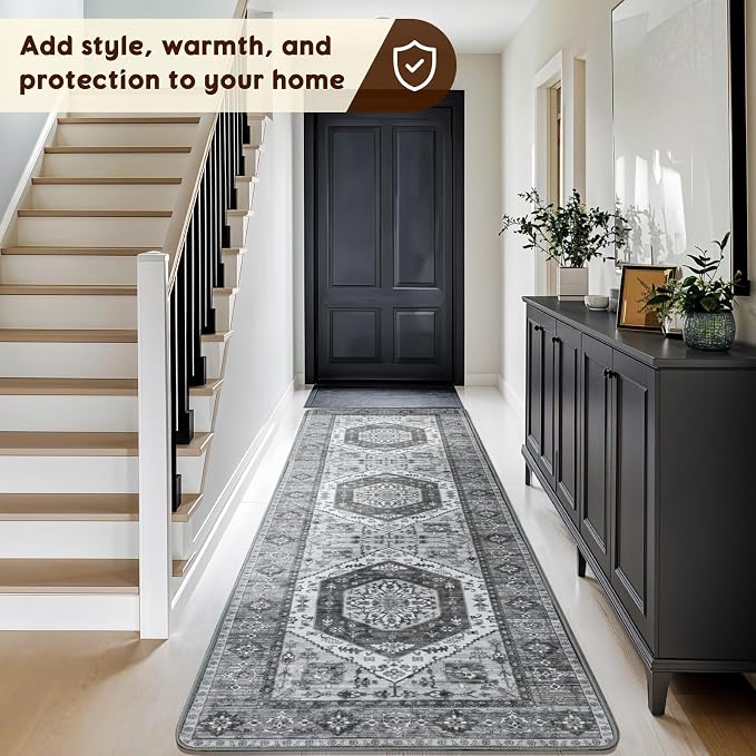 LBRO2M Machine Washable Rug Soft Pet Friendly Carpet 2X10 Dark Gray | Persian Runner Rug 2X10 for HallWay, Bedroom, Kitchen, Laundry Room, Non Slip Carpet, Foldable Stain Resistant Rugs