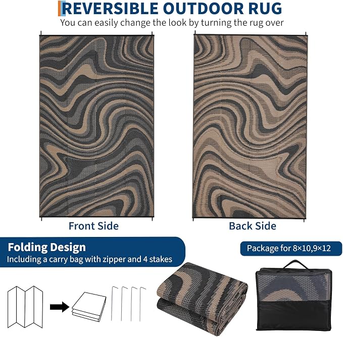 Garvee 8x10 Outdoor Rug, Waterproof Camping Rugs for Outside Your RV, Abstract Plastic Straw Rug with Portable Bag, Reversible UV Resistant Mats for Picnic Backyard Porch Camper, Black Coffee