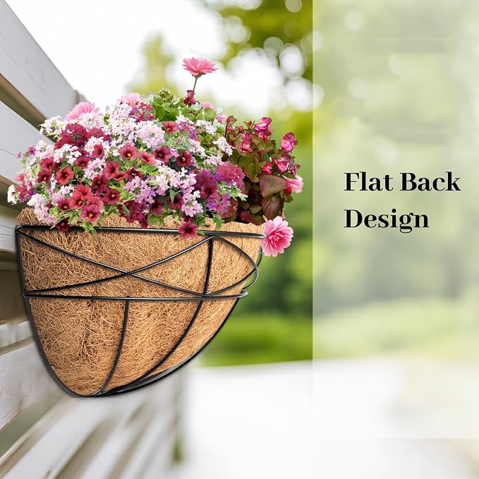 4 Pack 14 Inch Window Boxes Planters Railing Planter Box with Coco Liners Deck Railing Planter Boxes Balcony Hanging Flower Box Wall Mounted Half Round for Outdoor Plants Garden Decor