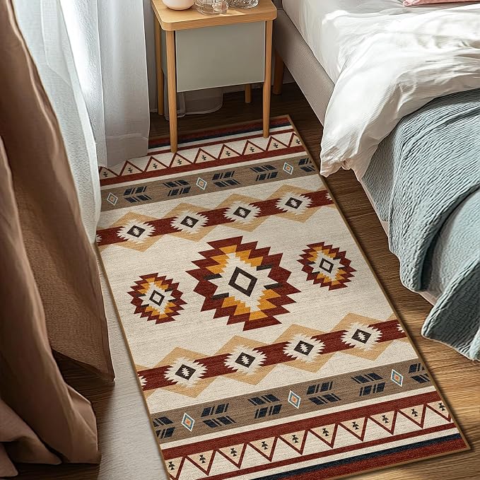 3x5 Western Aztec Area Rug for Bedroom Entryway Hallway Southwestern Boho Rug Machine Washable Non-Slip Carpet for Bathroom Kitchen Bedside Dining Room