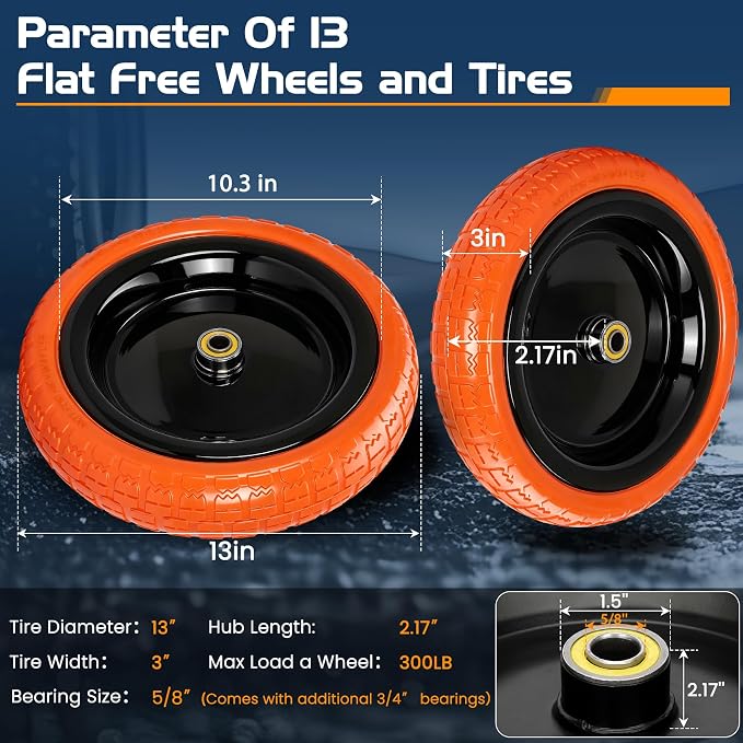 13" Flat Free Wheels Replacement for GOR Garden Cart Tires and Wheels, 4.00-6 Solid Tires and Wheels with 5/8"Bearings, 13" No Flat Wheels for GOR Garden Carts/Hand Trucks/Garden Carts（Orange）