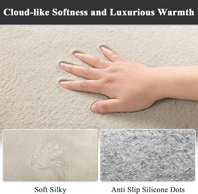 SHACOS Ultra Soft 6x9 Faux Rabbit Fur Rug for Living Room, Non Slip Washable Dense Pile Area Rugs, Fluffy Cozy Indoor Floor Mat Modern Carpet for Bedroom Dining Room Kids Room Dorm, Beige
