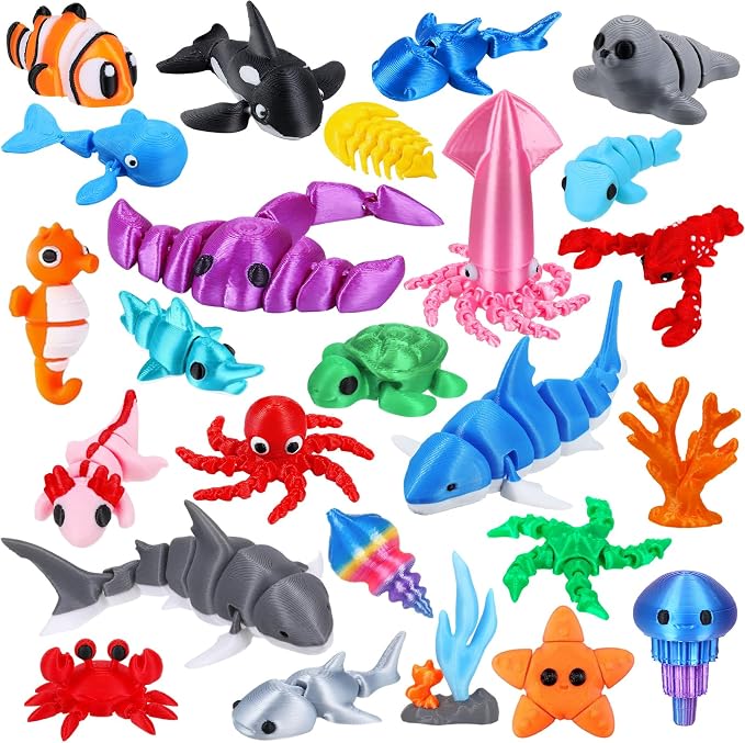 ywevyezc 25 Pcs 3D Printed Ocean Animals Set, Flexible Articulated Mini Sea Animal Figurines Fidget Toy Desk Pets, Ideal for Party Favors Birthday Gifts Office Desktop Home Decor