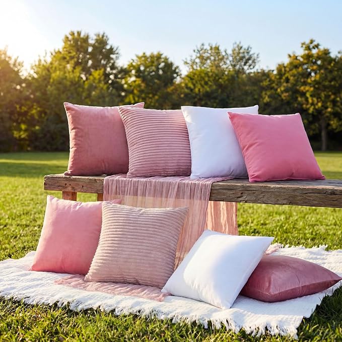 Yuntau Large Outdoor Boho Picnic Blanket with Table Runner 8 Pink White Red Pillows Covers No Pillow Summer Picnic Decor for Camp Birthday Party Bridal Shower Outdoor Backyard Garden(Pink)