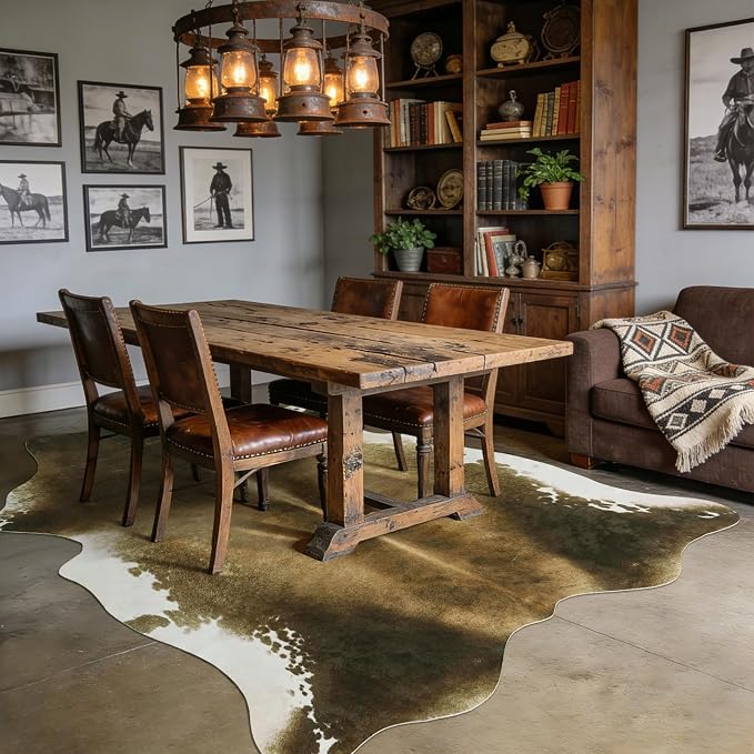 Washable Non Slip Cowhide Rug 4x5 Brindle and White, Faux Animal Skin Area Rugs for Bedroom, Western Rustic Farmhouse Aesthetic Decor Carpet with TPR Backing for Home Office